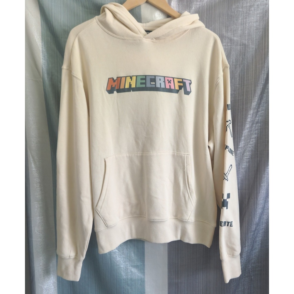 Minecraft Graphic Hoodie Cream Butter‎ Rainbow Logo Print Gamer Sweatshirt M